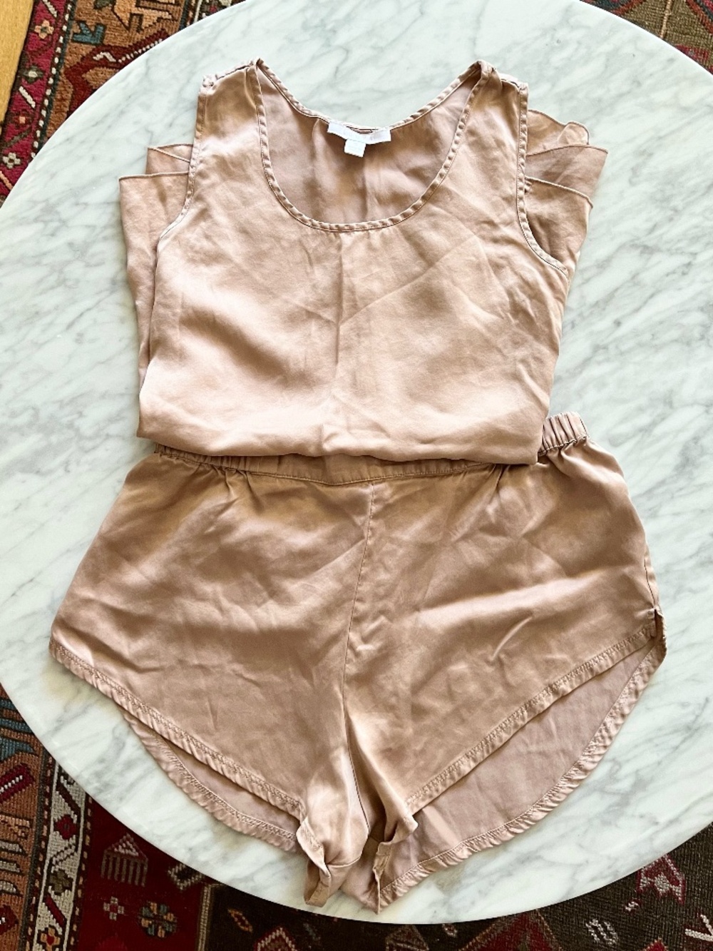 Lunya Washable Silk Pajama Set Champagne Beige Tank & Shorts XS/S